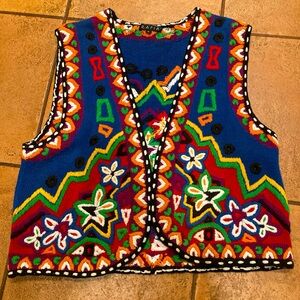 Colorful Sweater Vest Embroidered M Floral Vintage